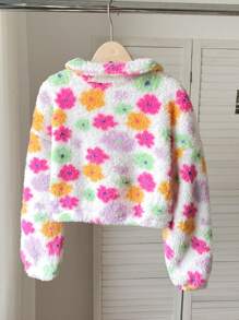 SHEIN Serisse Kids 少女彩色花朵图案立领长袖拉链高领保暖泰迪夹克，羊毛开衫，温暖舒适，非常适合秋冬季休闲日常穿着和上学日常穿着 - 彩色 - 查看 4