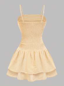 Girlism Váy ngắn chữ A nhún bèo sọc xanh trắng cho bé gái tuổi teen, trang phục thường ngày cho kỳ nghỉ bãi biển, mùa xuân/hè - Màu vàng - Xem 2