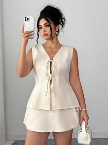 Elenzga Conjunto de 2 piezas de blusa elegante con moño y minifalda para mujer de talla grande, casual, de negocios, de vacaciones, vestidos de mujer, ropa de verano para mujer de talla grande, ropa formal para mujer, conjuntos blancos para mujer - Albaricoque - Ver 5