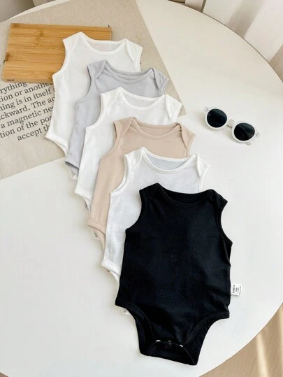 SHEIN 6 delar Dozemod Nyfödd Baby Pojke Enkel & Bekväm Rund Halsringning Ärmlös Enfärgad Bodysuit Set