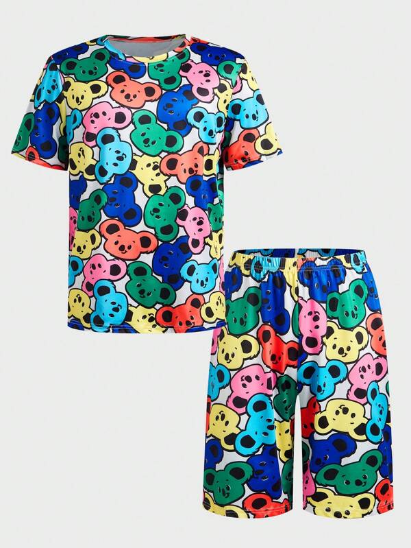 Happy Jammies 2pcs Funny Cartoon Print Short Sleeve Shirt And Shorts Men Pajama Set