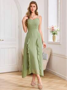Modelyn French Elegant V-Neck Ruffle Hem Women's Dress - Green - View 6