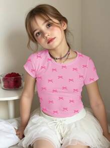 Tween Girls' Slim Fit Casual Solid Color Round Neck Ruched Short Sleeve T-Shirt, Suitable For Summer