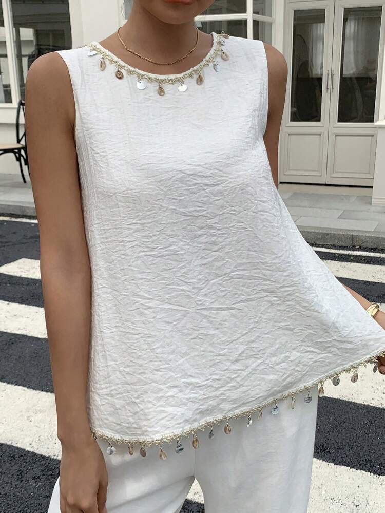 Women's Sleeveless Boho Beaded Patchwork Tank Top, Casual Pullover Blouse