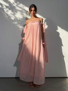 Aloruh Women's Spring & Summer Vacation Bohemian Off Shoulder Flowy Chiffon Pleated Rope Bowknot Sleeveless Loose A-Line Maxi Dress, Pink - Coral Pink - View 2