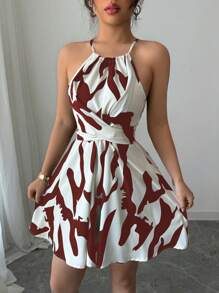 Elenzga 女式黑白印花优雅无袖挂脖连衣裙 - 酒紅色 - 查看 6