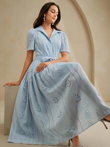 Anewsta Đầm dài rộng rãi có cổ tay ngắn, thắt eo cho nữ - Màu xanh nhạt - Xem 1