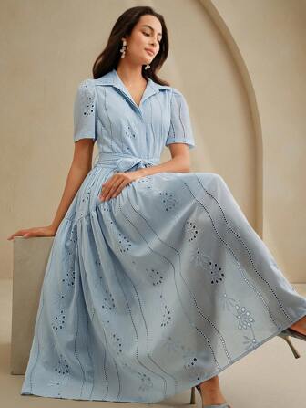 Anewsta Women's Collared Short Sleeve Cinched Waist Cinched Waist Loose Long Dress