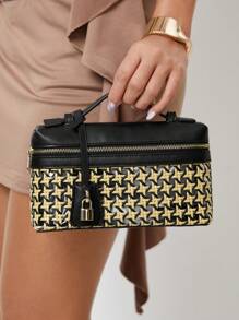 SHEIN SXY 女士手提包，编织包，时尚，简约，优雅，百搭，经典，编织 PU，红色包，金属挂锁装饰，适合通勤、办公、约会、日常、购物、下午茶 - 黑色 - 查看 1