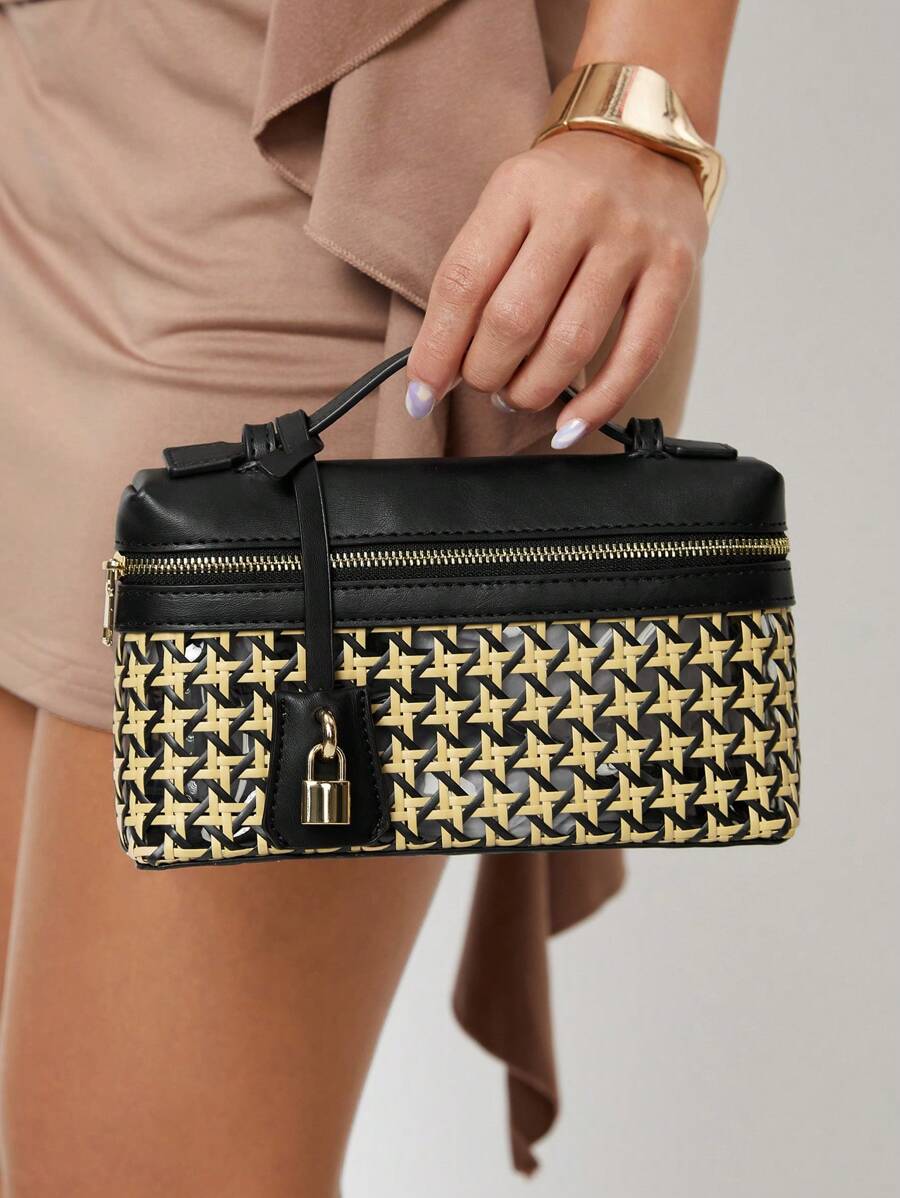 SHEIN SXY 女士手提包，编织包，时尚，简约，优雅，百搭，经典，编织 PU，红色包，金属挂锁装饰，适合通勤、办公、约会、日常、购物、下午茶 - 黑色 - 查看 1