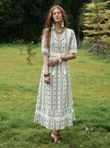 Florisole Women's Casual Elegant Lace Patchwork Faux Linen Floral Print Dress - Multicolor - View 5