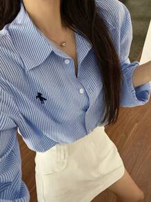 DAZY 女式休闲通勤条纹刺绣蓝色衬衫长袖上衣