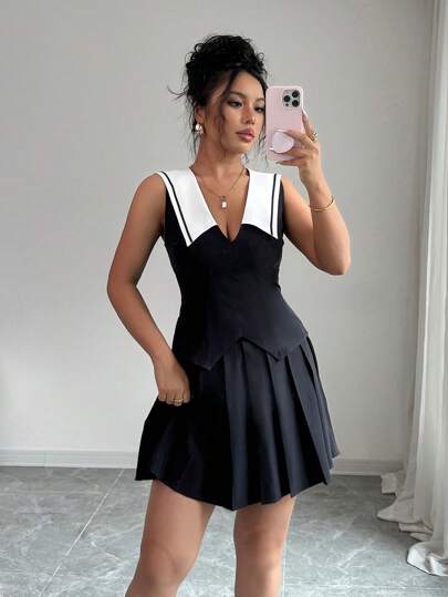 Elenzga 2件套撞色领短款百褶裙套装