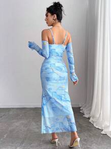 Elenzga 大码女式粉色印花网眼荷叶边露肩修身长袖连衣裙 - 藍色 - 查看 2