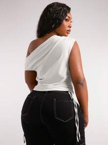 Radiana Top Curto Feminino Plus Size Primavera/Verão Moda Casual Sexy Streetwear Assimétrico Ombro a Ombro Cintura Franzida, Adequado para Uso Diário, Vestuário Ocidental, Traje de Cruzeiro, Festival de Música, Show, Festa de Carnaval, Férias na Praia, Noite de Encontro, Aniversário, Despedida de Solteira, Balada, Fofo, Casual, Compras, Streetwear, Sair, Coquette, Fácil de Combinar & Aparência Esbelta, Realça o Corpo, Valoriza a Silhueta - Branco - Visão 3