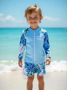 男童热带植物印花插肩袖上衣和短裤两件套泳衣，丝网印花设计 - 青檸色 - 查看 4