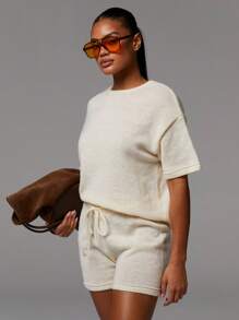 Athîral Women's Knit Casual 2pcs T Shirt & Shorts Set,Four Seasons,Back To School Girls Outfits,,Travel Outfit Airport ,White Suit,Women's Fall Clothes