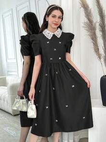 Rochie mini elegantă cu mânecă scurtă și decor cu perle pentru fete adolescente