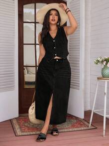 EMERY ROSE Plus Size Women Street Casual Denim Vest Jacket, Summer - Black - View 3