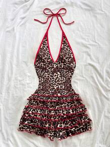 Soleia Damen Große Größen Vintage Mehrfarben-Leoprint Patchwork V-Ausschnitt Trägerhose mit Rüschensaum, geeignet für Urlaub, Musikfestivals, Boho Sommer Outfit