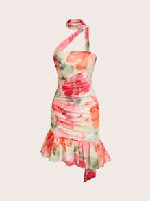 SHEIN EZwear Women's Summer Floral Print Halter Neck Ruched Fitted Ruched Hem Vacation Dress - Pink - View 8