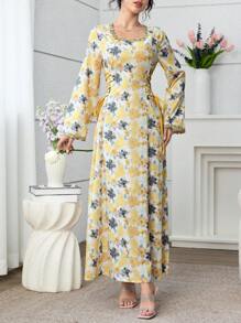 Al Najma 2025 Latest  Arabic Style Versatile Slimming Print Dress, Fashion  Long Dress - Yellow - View 3