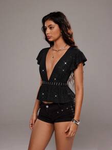 TRNVIE 女式春夏度假风深V领荷叶边短袖褶皱腰T恤 - 黑色 - 查看 3