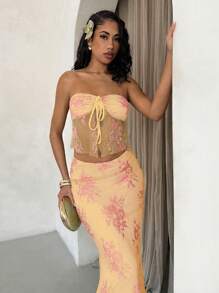 Glamine 2pcs Lace Crop Top & Mini Skirt Set, Sexy & Elegant For Daily, Holiday, Party, Spring/Summer Fall Women Clothes Back To School