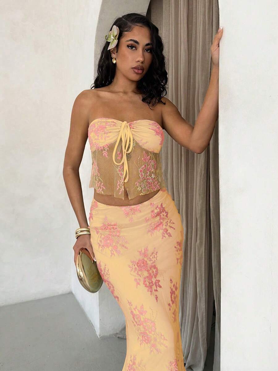 Glamine 2pcs Lace Crop Top & Mini Skirt Set, Sexy & Elegant For Daily, Holiday, Party, Spring/Summer Fall Women Clothes Back To School