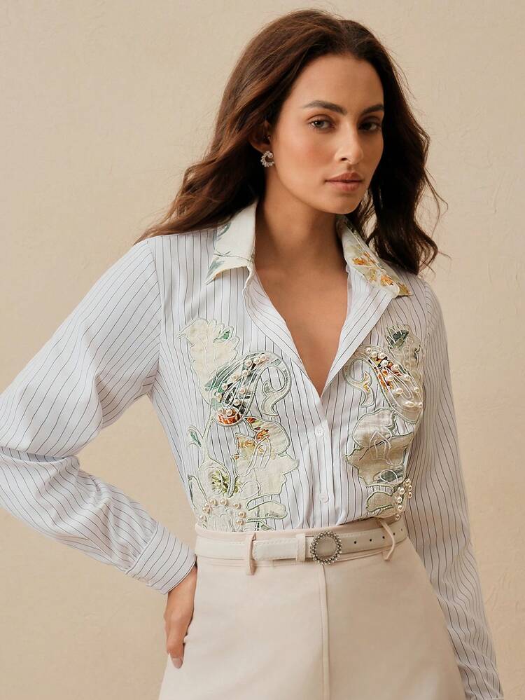 Fashionable Commute Versatile Colorblock Embroidered & Rhinestone Detail Women Blouse