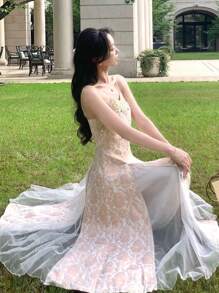 DAZY 女士优雅亮片和网眼拼接吊带中长连衣裙，夏季 - 米色 - 查看 3