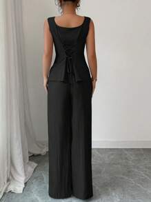 Elenzga 2025春夏新款2件套：方领吊带背心+阔腿裤，优雅休闲搭配套装 - 黑色 - 查看 2