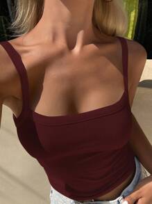 DAZY 女式夏季方领修身短款吊带背心，休闲街头分层无袖上衣，返校服装 - 紅色 - 查看 2