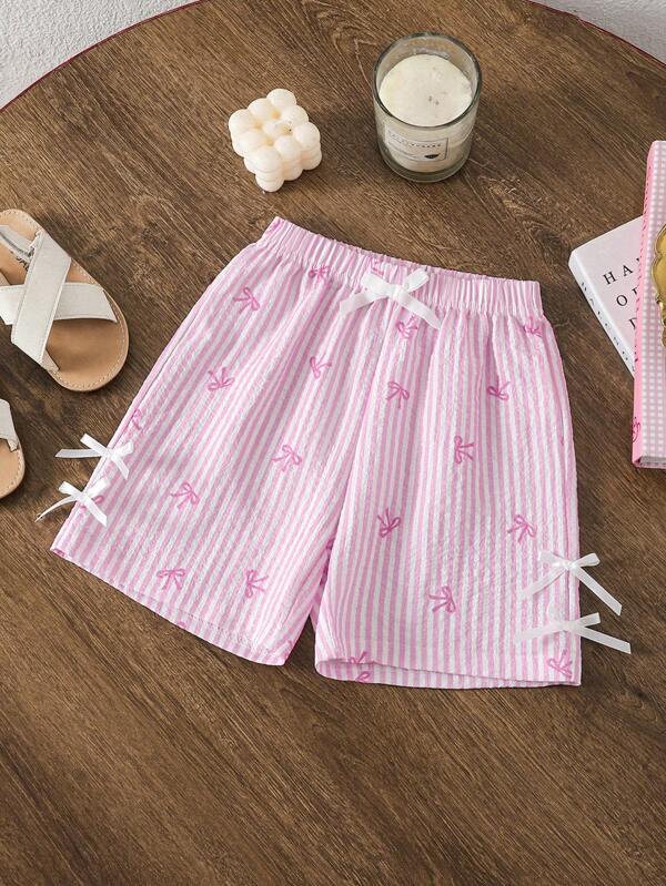 SHEIN Bow Accent Striped Loose Casual Shorts For Young Girls
