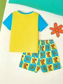 SCOOBY-DOO X SHEIN 男童卡通印花黄蓝休闲短袖T恤短裤夏季睡衣套装透气阻燃 - 黃色 - 查看 2