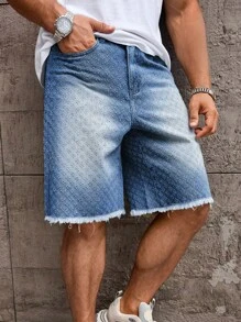 Manfinity Homme 男士休闲破洞下摆口袋百搭牛仔七分裤 男士磨边牛仔短裤 纹理牛仔短裤 - 中等水洗藍 - 查看 6