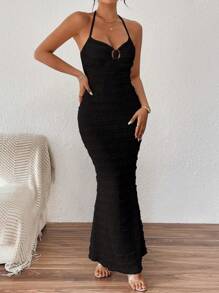 SHEIN PETITE 纹理前襟装饰挂脖女式美人鱼长裙女装 - 黑色 - 查看 5