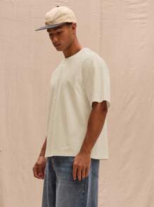 Musero 男士宽松版型短袖T恤，基础纯色款，秋冬款 - 卡其色 - 查看 2