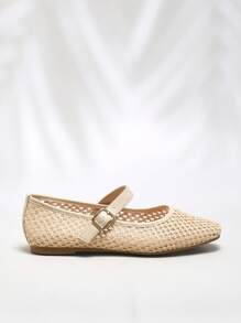 SHUZIA 女士方头渔夫编织玛丽珍扣带芭蕾平底鞋 - 米色 - 查看 5