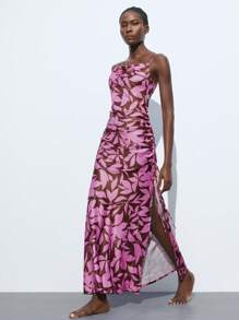 Maija 2025 秋季新款覆盆子粉色叶子轮廓印花侧抽绳系带开衩垂坠领口女式连衣裙，现代优雅都市浪漫精致 Y2K 乡村音乐节复古韩国机场旅行街头婚礼宾客生日万圣节商务休闲办公室约会派对郊游返校秋季服装 - 彩色 - 查看 7