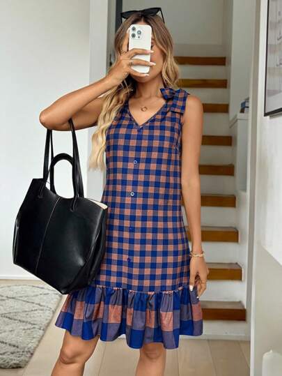 Easowa 女式夏季格子荷叶边下摆休闲迷你连衣裙