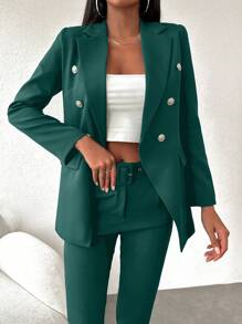 EURMUSE Women's Double Breasted Suit Jacket And Trousers Set - Teal Blue - View 5