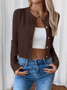 EMERY ROSE Women Plain Color Button-Up Casual Cardigan Fall Winter Cloth For Women - Rust Brown - View 5