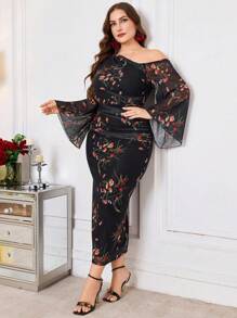 Modelyn Vestito lungo elegante con stampa floreale, maniche a campana e spalle scoperte, aderente, stile casual, taglie comode, primavera/estate