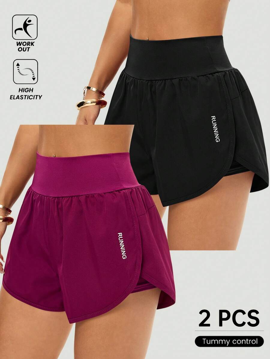 SHEIN Velisys 2条装高腰开衩运动短裤，适合中国新年穿着，女士运动短裤、健身短裤、骑行短裤，女士跑步短裤，女士运动服，女士运动装备，女士运动短裤，女士跑步短裤，女士健身短裤，女士运动短裤，高腰运动短裤，2条装运动短裤 - 彩色 - 查看 1