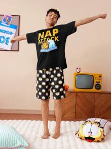 GARFIELD | SHEIN Men's Cartoon & Letter Pattern Short Sleeve Top And Shorts Loungewear Set
