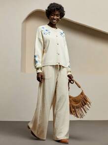 Bóhologie Blue Bloom Embroidered Knitwear Set – Cozy Sweater And Elegant Cardigan With Delicate Floral Detailing  Cardigans For Summer - Cream - View 4
