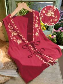 Comfortcana 女式夏季波西米亚风玫瑰红色花卉刺绣前系带无袖衬衫 - 玫瑰紅 - 查看 5