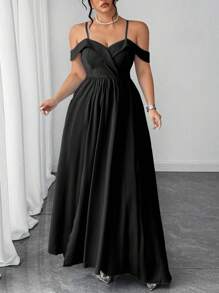 Elenzga Plus Size Women Elegant Spaghetti Strap Open Slit Dress - Black - View 7