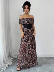 Rafferiza 女式优雅修身露肩豹纹网眼针织连衣裙